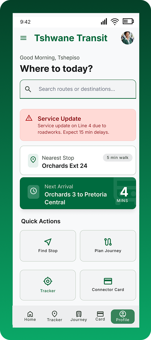Tshwane Transit final home screen